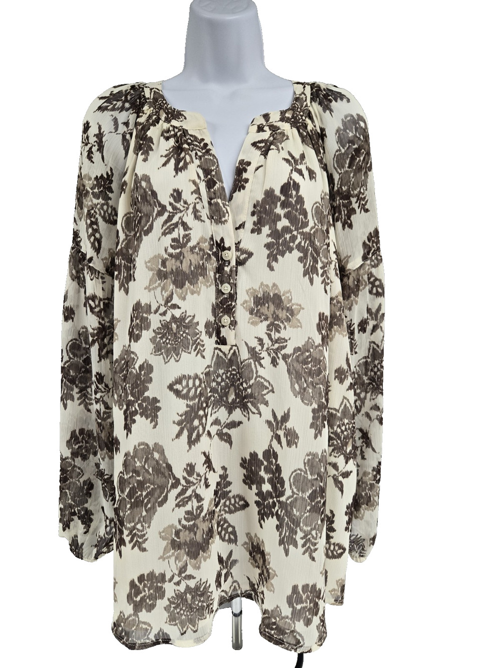 Lane Bryant Womens Blouse Ivory and Brown V neck Buttons Long Sleeve Size 18